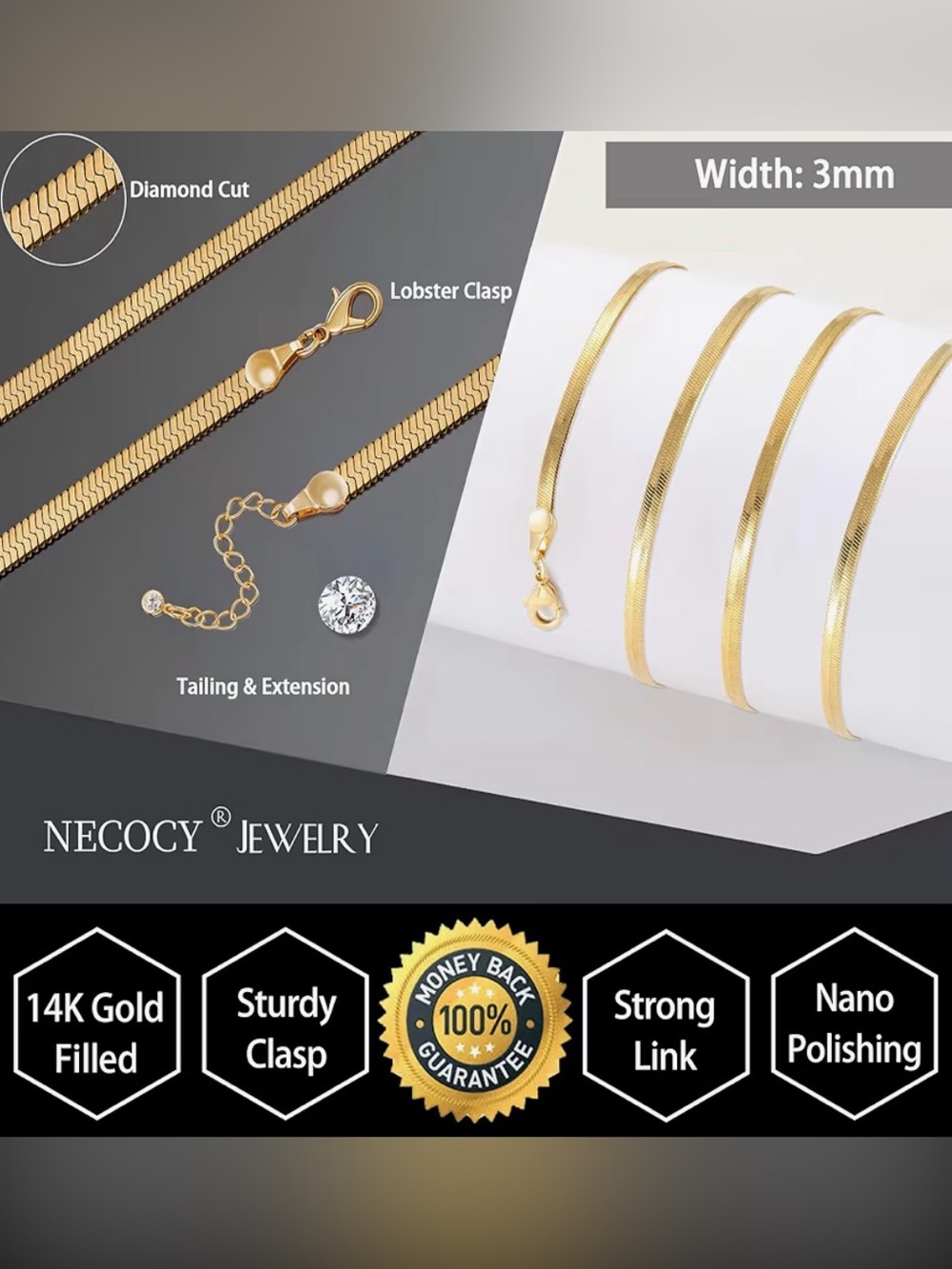 Minimalist Gold Herringbone 3mm Collar Necklace - Women Jewelry - Picture 2 of 4
